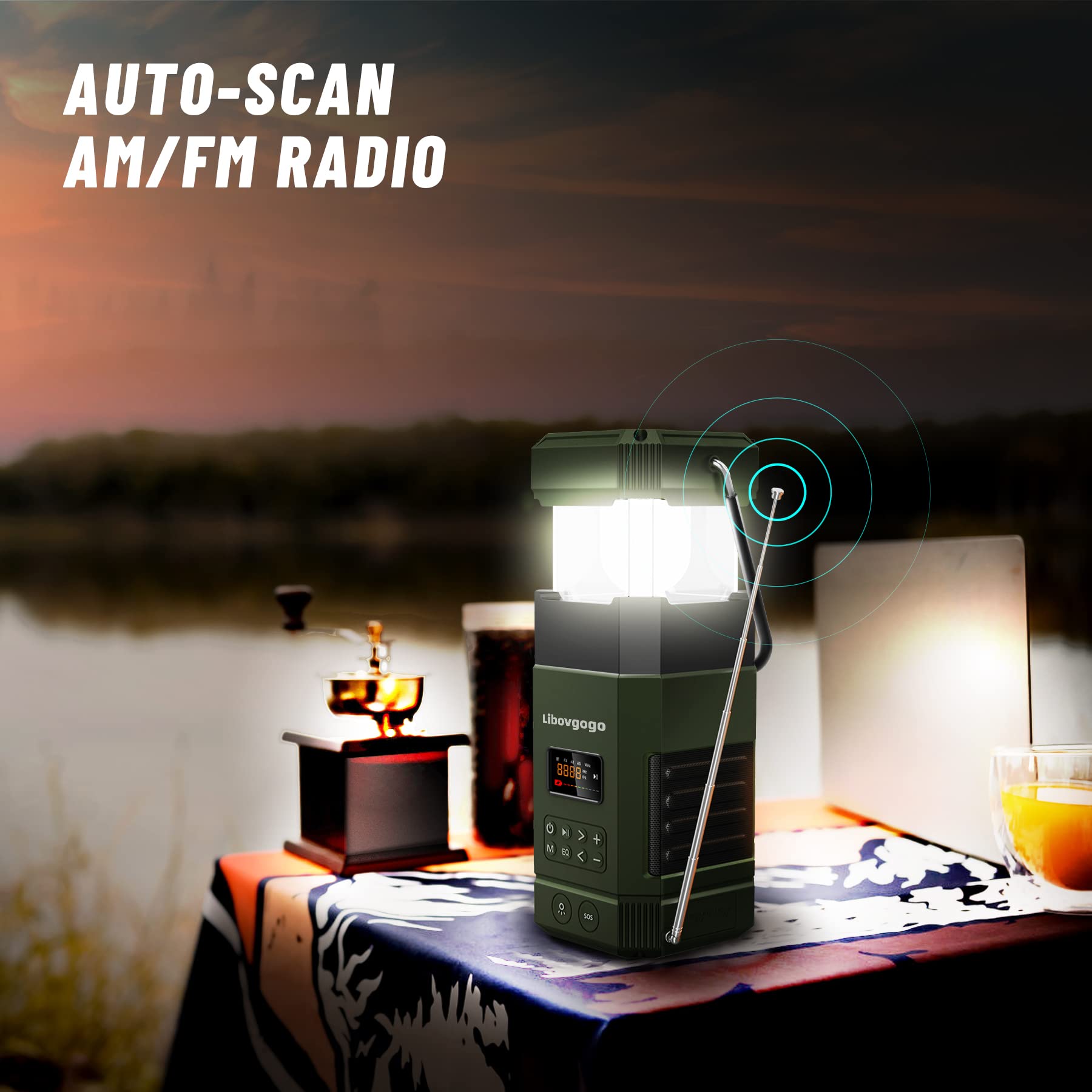 Wiederaufladbare LED Campinglampe, 3 Lichtmodi, IP65 wasserdichter Bluetooth Lautsprecher, 5000mah AM UKW Kurbelradio mit Handyladefunktion Solar, Taschenlampe, Stroboskoplicht, SOS Alarm 4