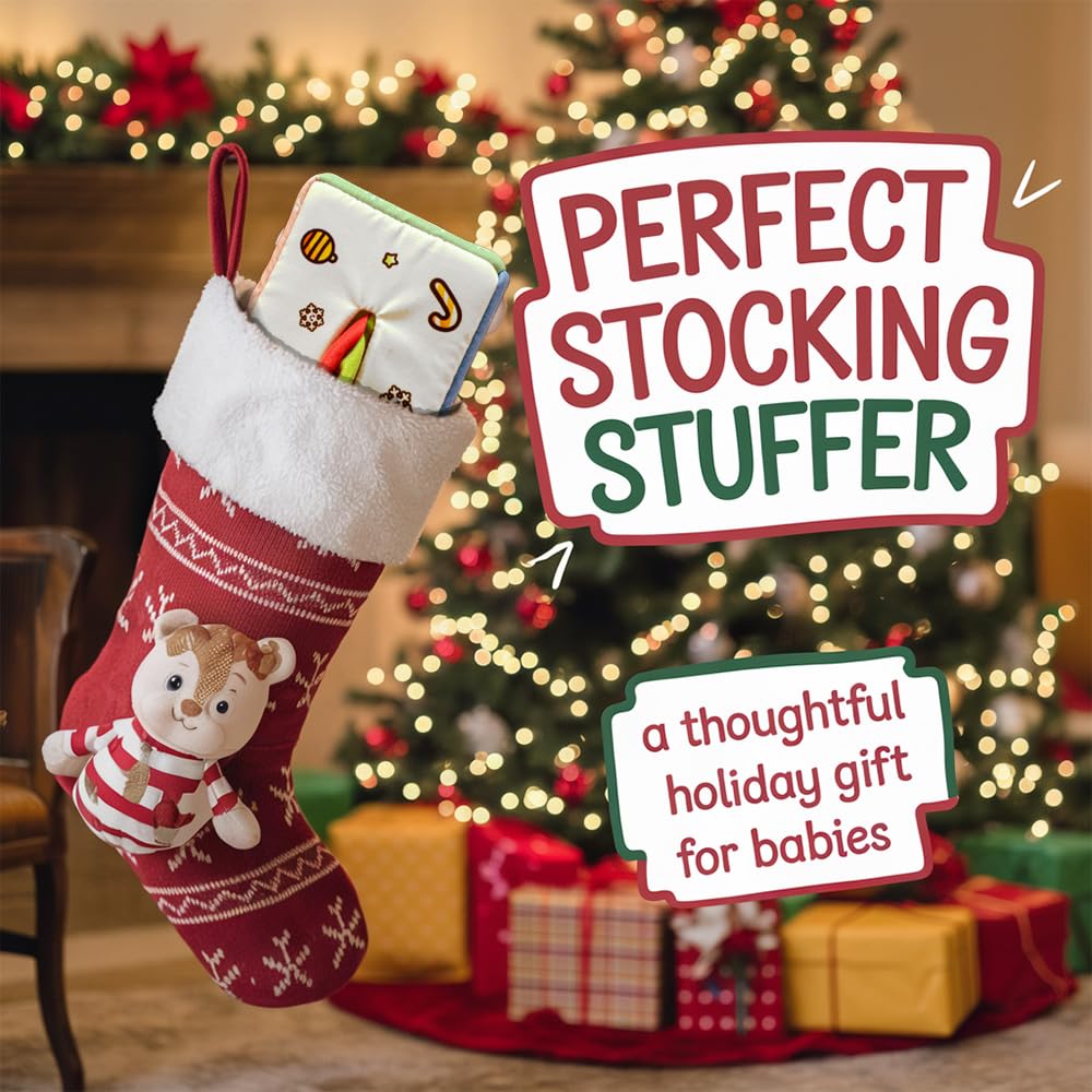 Christmas Baby Toy for 6-12M – Christmas Tissue Box Sensory Pull Toy with Crinkle Papers, Handkerchiefs & Scarves – Ideal Stocking Stuffer for Toddlers