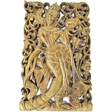 Forest Nymph Carved Wood Wall Panel with Lotus Flower Design. Thai Nymph Inspired Home Decor. Size 11.7”x18.6”x0.9" (Gold)