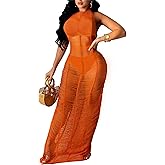 Women Sexy Crochet Swimsuit Cover Up Halter V Neck Backless See Through Long Maxi Dress Summer Beach Bikini Cover Ups