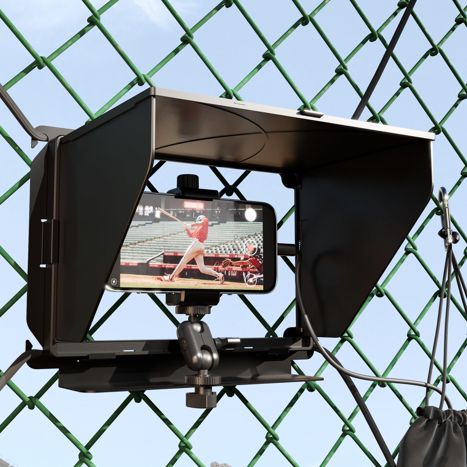 Photo 1 of Cell Phone Fence Mount with Shade Game Recording Mounting Kit Compatible with iPhone, Mevo Start, GoPro, Insta 360 and Other Action Cameras for Recording Baseball (Regular Style)