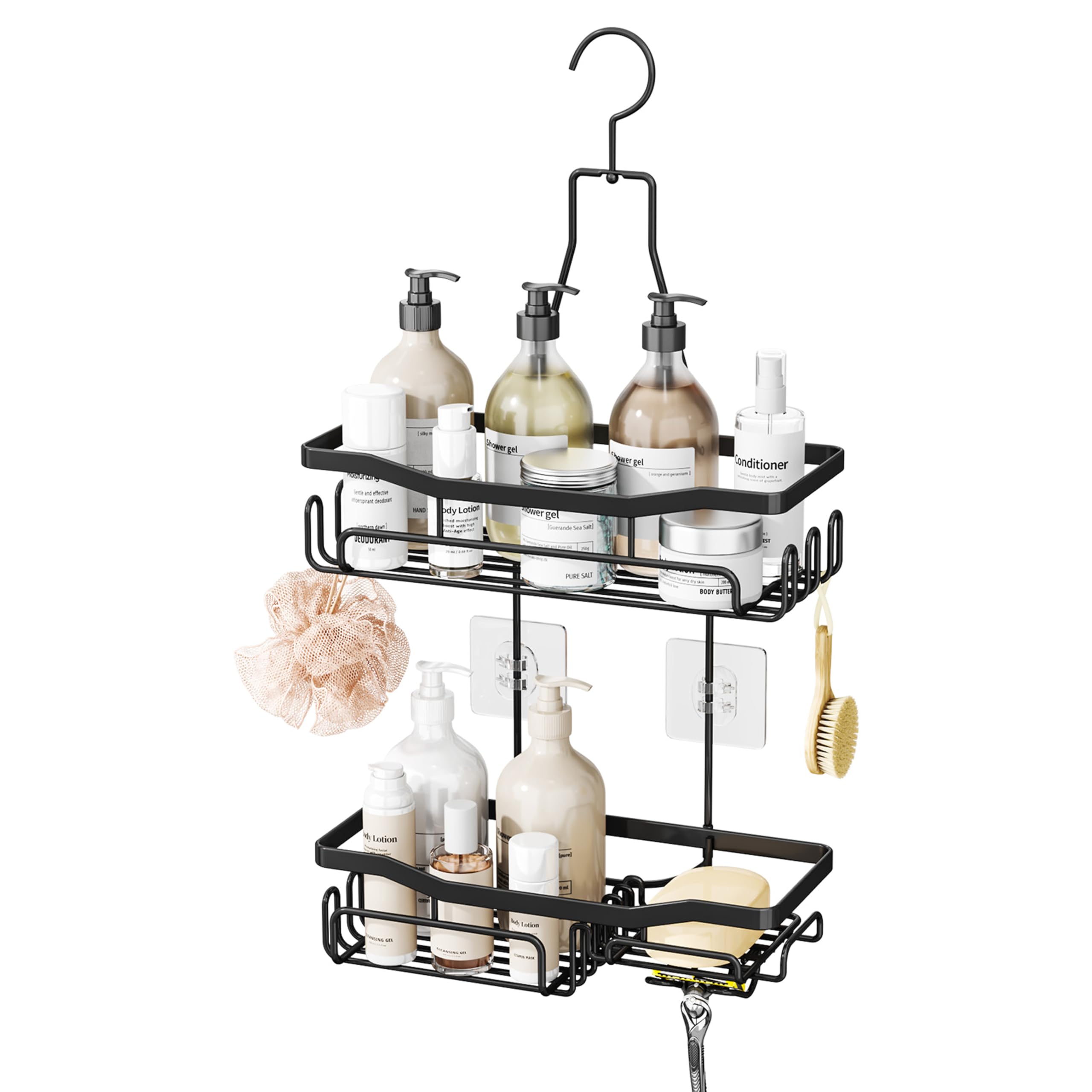 HapiRm Hanging Shower Caddy - Stainless Steel Shower Caddy No Drilling, 2-tier Shower Caddy Black with Razor and Soap Holder for Bath Boll, Towel, Bath Brush, 3 Screw Adhesives