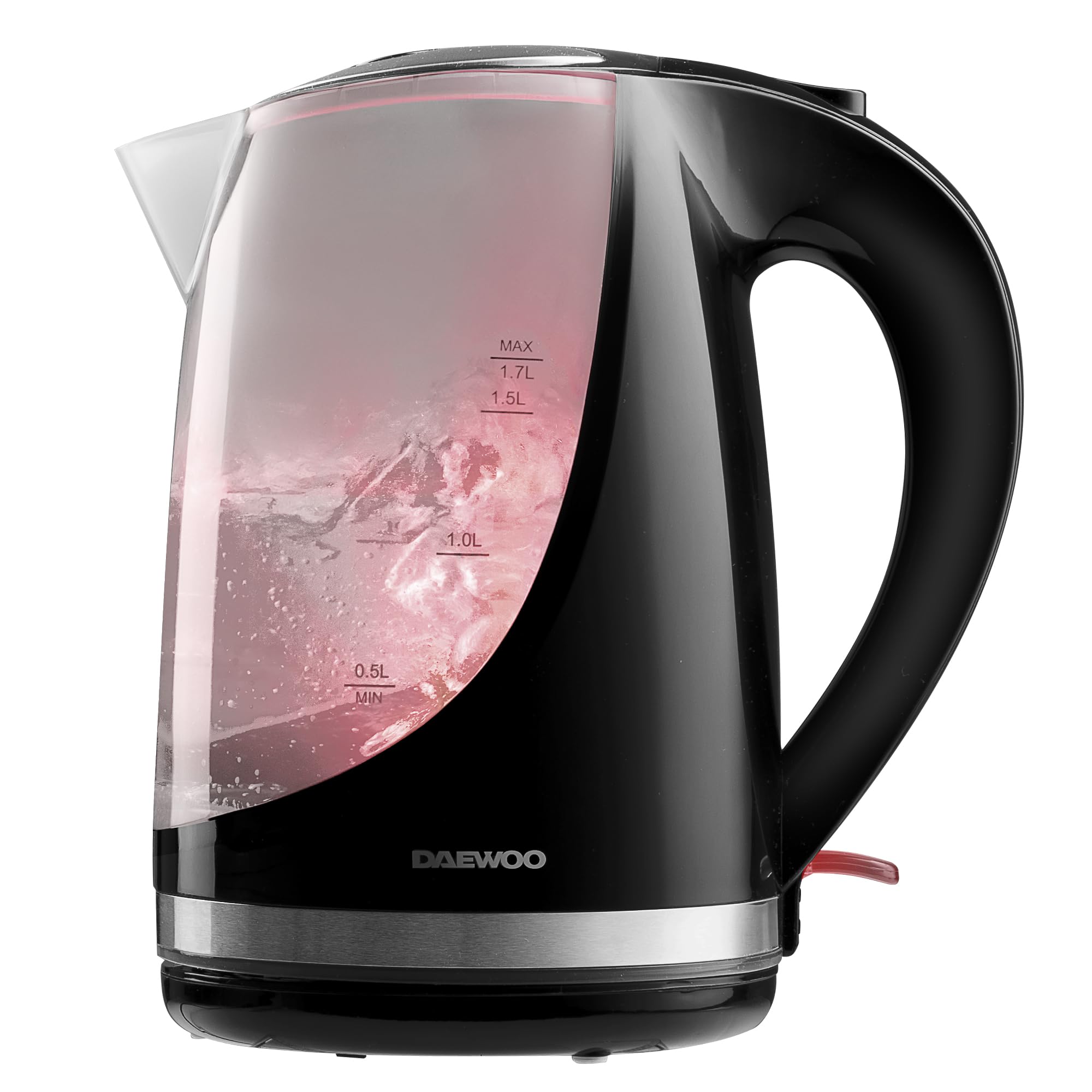 Daewoo 1.7L Cordless Kettle with Stainless Steel Lid - Colour Changing Indicator Lights - Glossy Black Plastic With Safety Locking Lid - Cordless Design - Black