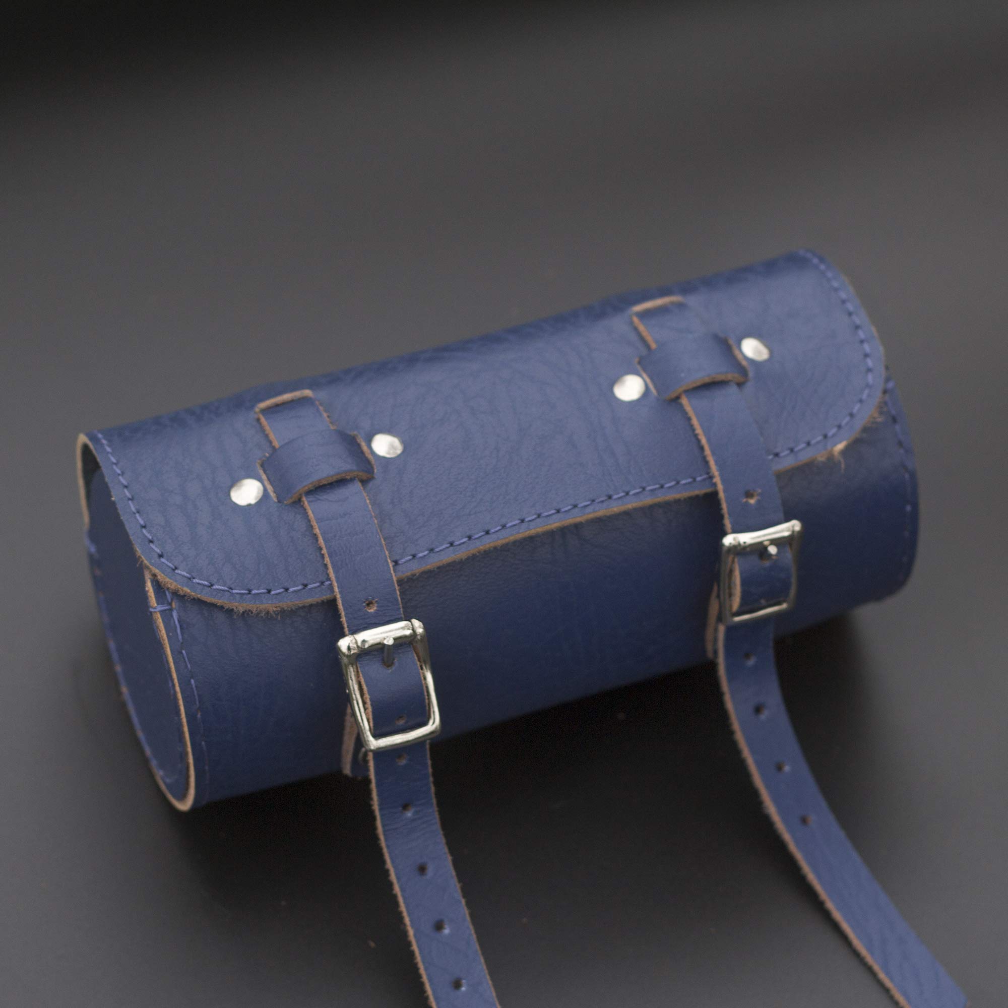 London Craftwork Saddle/Handlebar Round Bag Real Leather Blue for Bike Tools ROL-Blue