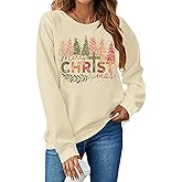 CAZYCHILD Christmas Sweatshirt for Women Merry Christmas Shirt Xmas Tree Long Sleeve Vacation Pullover Christian Tops Beige