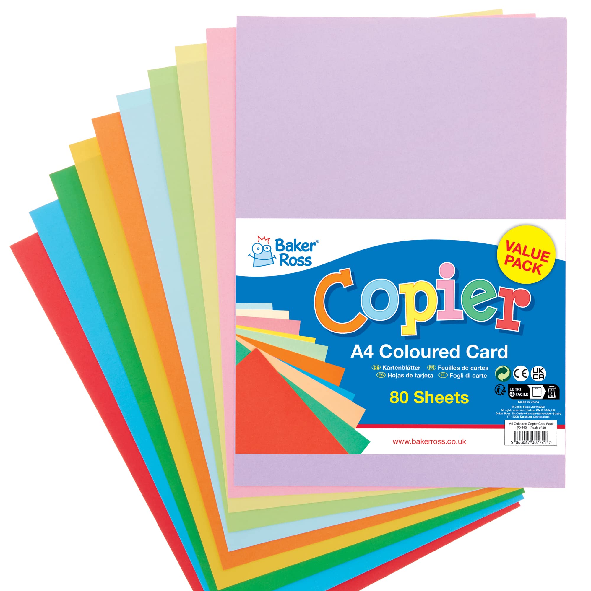 Baker Ross FX840 A4 Coloured Copier Card Pack - Pack of 80, Classroom Craft Essential, Arts and Crafts for Kids, School Supplies