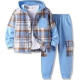 Voxikodex Size 4-11 Years Boys Clothes Flannel Plaid Shirt Hooded Sweatshirt & Pants 3PCS Kids Boys Fall Winter Outfits Sets