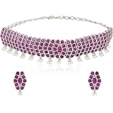 Aheli Oxidized Silver Plated Faux Ruby & Lariya Studded Ethnic Necklace Earrings Set Fashion Jewellery for Women