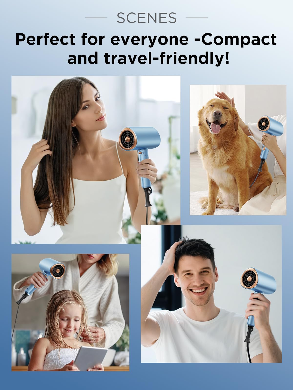 Foldable Ionic Hair Dryer 2000W Professional Blow Dryer with 2 Speed 3 Heat, Cool Shot, Diffuser & Concentrator, Styling Combs, for Men & Women, Blue