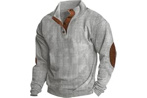 EELHOE Mens Corduroy Shirt Lapel Collar Button Up Pullover Mock Neck Long Sleeve Sweaters Polo Sweatshirts with Elbow Patches