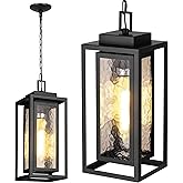 15" Outdoor Pendant Light, Modern Outside Hanging Porch Light, Black Outdoor Chandelier with Water-Ripple Glass, Metal Double