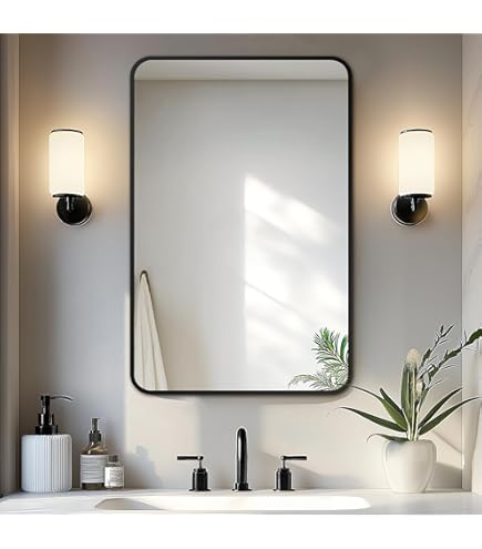 Espejo De Pared Rectangular Segawe 24x36 Pulgadas - Marco Negro De Metal, Esquinas Redondeadas
