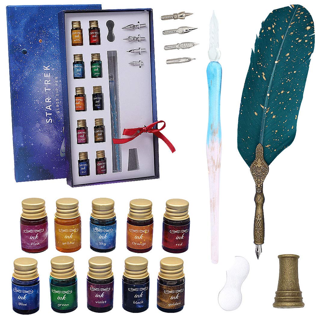 SIPLIV Calligraphy Feather Pen Glass Dip Pen Ink Set, 18 Pcs Gift Set With Feather Dip Pen, Glass Pen, 10 Colors Ink, 4 Replacement Nibs, Glass Pen Rest, Metal Pen Holder, Blue and Pink