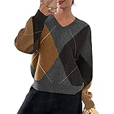 Wyeysyt Argyle Sweater Women Casual Plaid V Neck Drop Shoulder Pullover Sweaters Color Block Chunky Knit Top