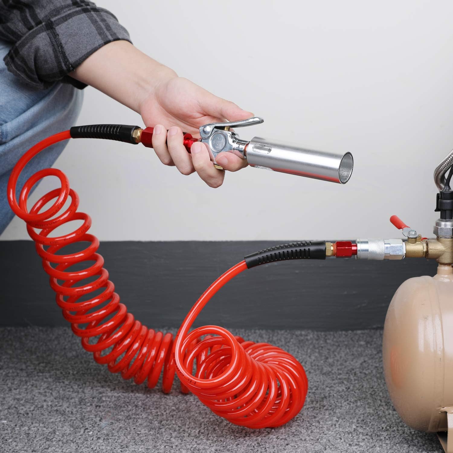 Hromee 1/4 in x 25 ft Polyurethane Recoil Air Hose with Bend Restrictors Compressor Hose with 1/4" Industrial Universal Quick Coupler and I/M Plug Kit, Red - - 