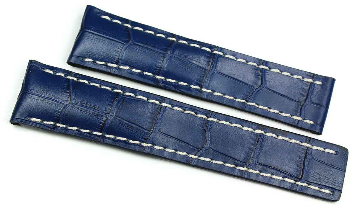 Rios 1931, 20 mm/18 mm leather watch strap for folding clasp, fits Breitling Germany, handmade crocodile embossment, blue