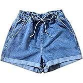SOLY HUX Women's Summer Denim Shorts Drawstring Elastic Waist Straight Leg Jeans with Pockets