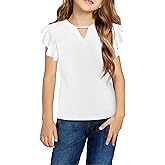 Arshiner Girls Shirts Short Sleeve Tee Ruffle Solid Summer Keyhole Neck Cotton Blouse Tops