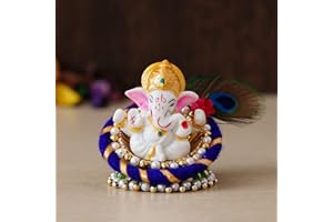 eCraftIndia Lord Ganesha Idol On Decorative Handcrafted Floral Plate for Home and Car, Blue, Green, Golden and White, (Msgg633) One Size