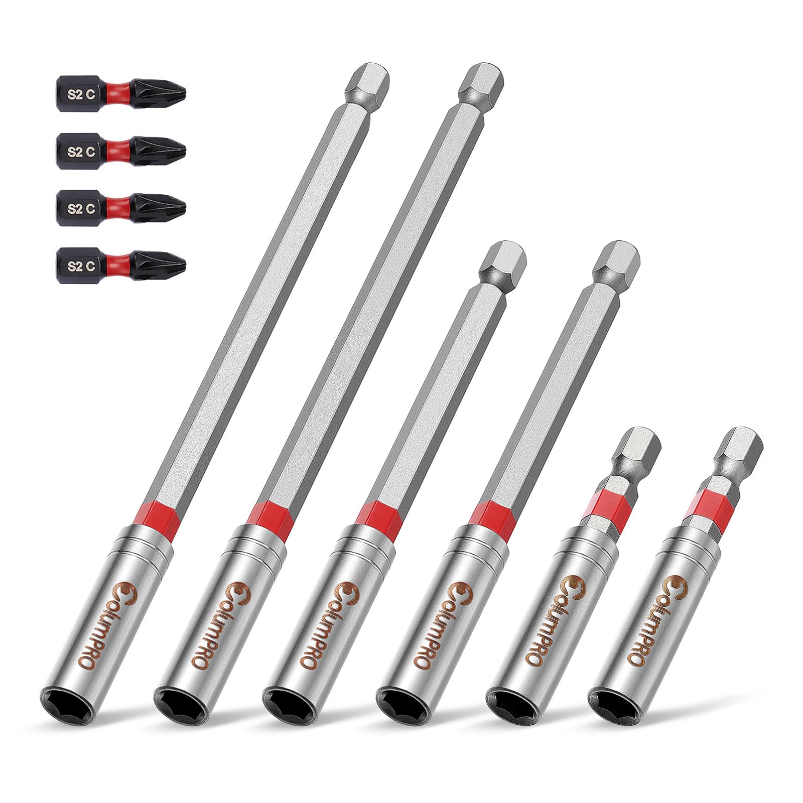 ColumPRO 10PCS Magnetic Extension Bit Holder Set, 60, 100, 150mm Hex Shank S2 Steel Magnetic Drill Bit Extension Holder with 4*PZ2 Screwdriver Bits