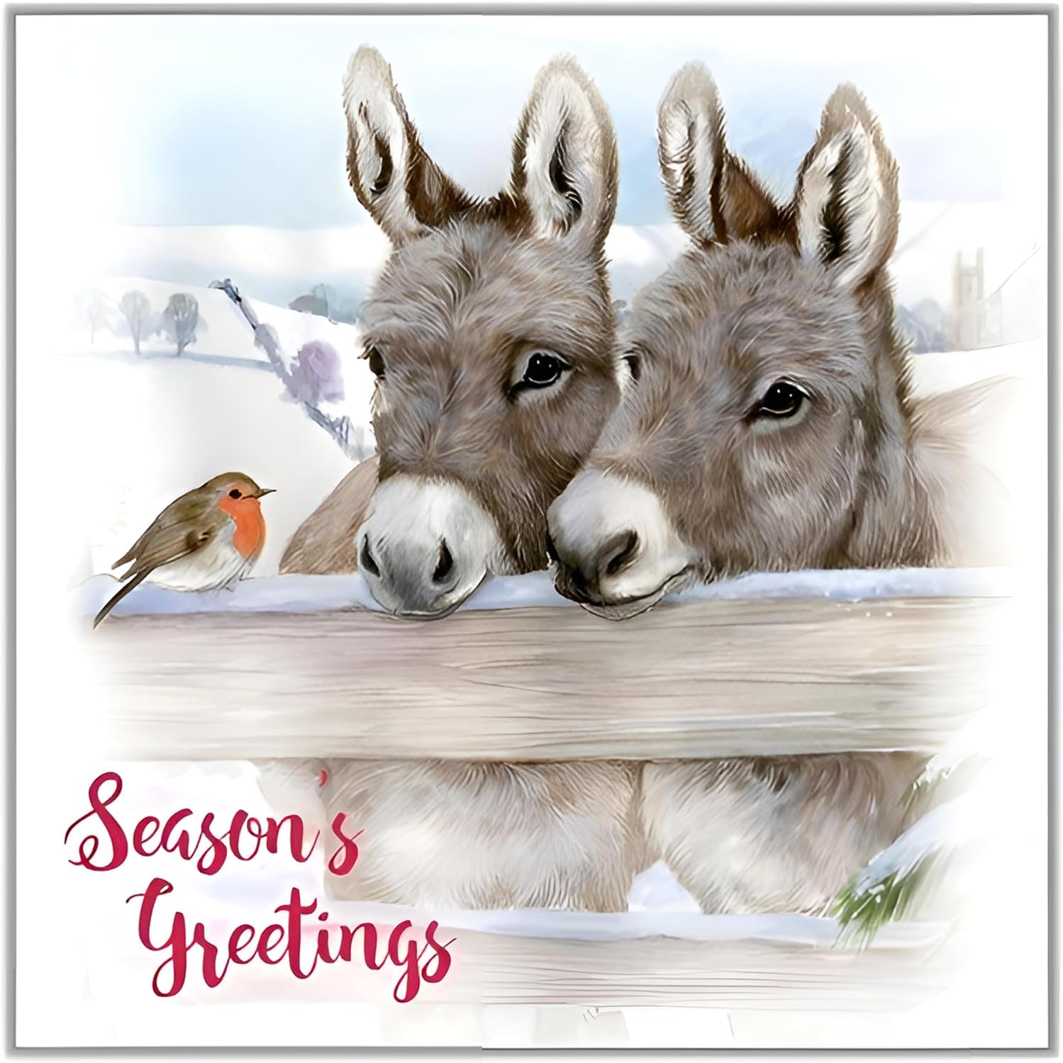 Otter House Charity Christmas Cards Pack of 10 - Festive Donkeys & Robin in the Snow - Premium Greeting Cards Multipack with Envelopes - Supporting UK Charities
