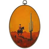 XBBMGG Boho Western Cowboy Wall Art Decor, Vintage Desert Cactus Landscape Oval Wall Hanging Decor, Retro Modern Southwestern Framed Canvas Prints for Home Bedroom Living Room Decorations, 8.6 x 11.4 inch