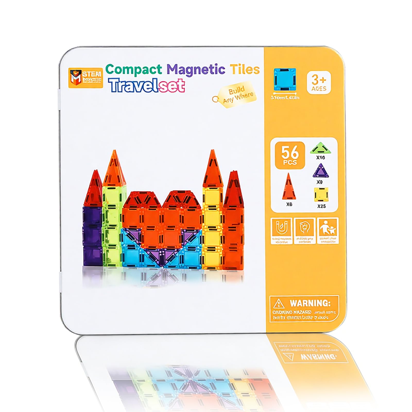 MEESHEEP 56PCS Mini Magnetic Tiles with Tin- Travel-Friendly Airplane & Car Toy for Kids, Educational Building Set