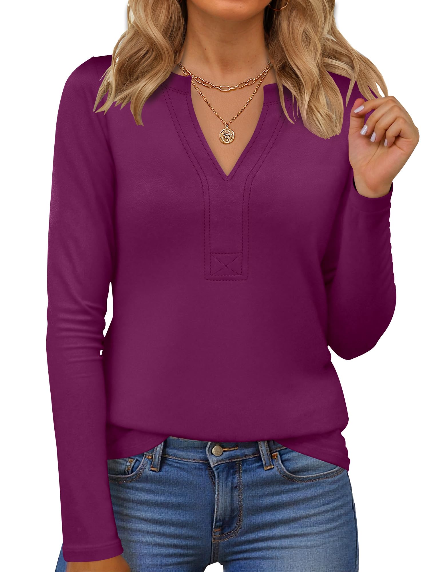 Photo 1 of ANRABESS Womens Long Sleeve Shirts V Neck Dressy Casual Blouse Lightweight Tunic Tops 2025 Fall Outfits Trendy Clothes Deep Purple Large
