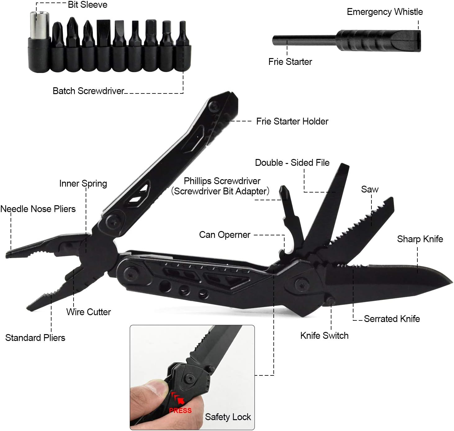 19-in-1 Multitool Folding Pliers Outdoor Survival Portable Stainless Steel Multifunctional Tools Set with Flint, Screwdriver, Saw, File Ideal Christmas Gifts for Men: Home Improvement