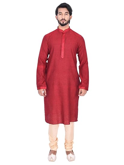 Men's Maroon Knee-Long Regular Fit Self-Designed Kurta & Churidar Set