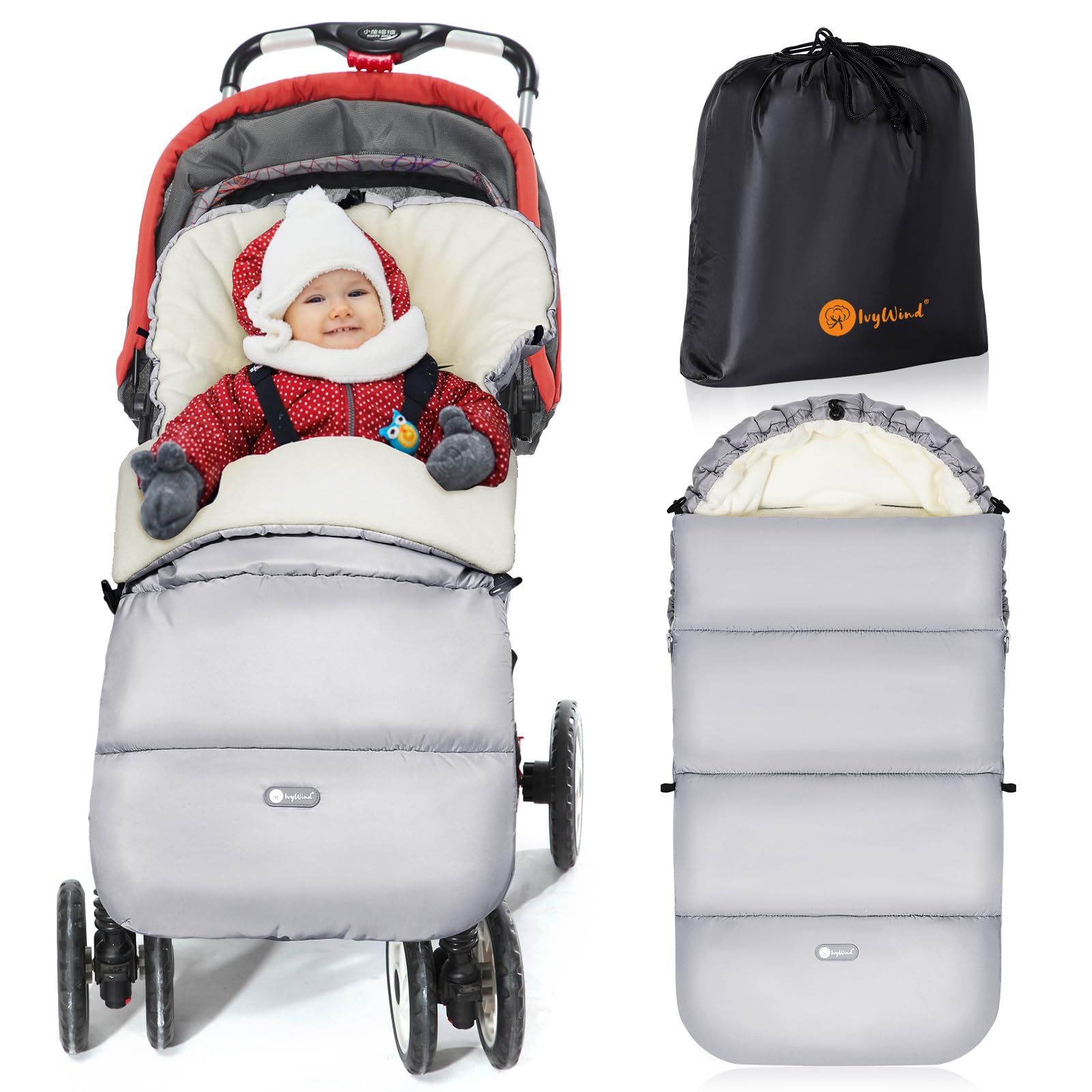 Ivywind Footmuff for Pushchair Universal, Winter Pram Footmuff for Baby with Drawstring, Waterproof Cosy Toes for Pram with Zip, Easy Access, Washable and Detachable, Warm Pongee Fabric, Light Grey