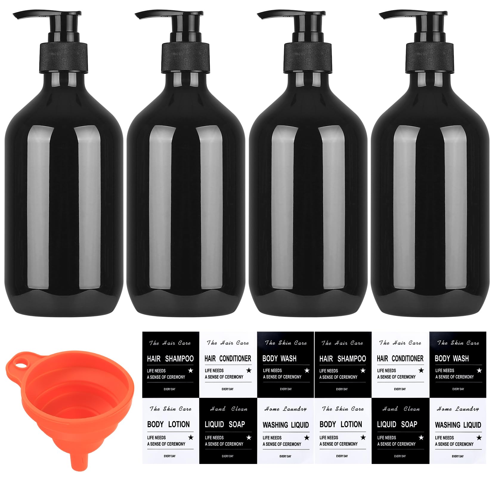 4 Pcs 500ml Soap Dispenser with Pump, Empty Refillable Pump Bottle Dispensers for Kitchen Bathroom Liquid Hand Dish Soap Dispenser Bottles Containers, with Funnel and Label - Black. (Black)