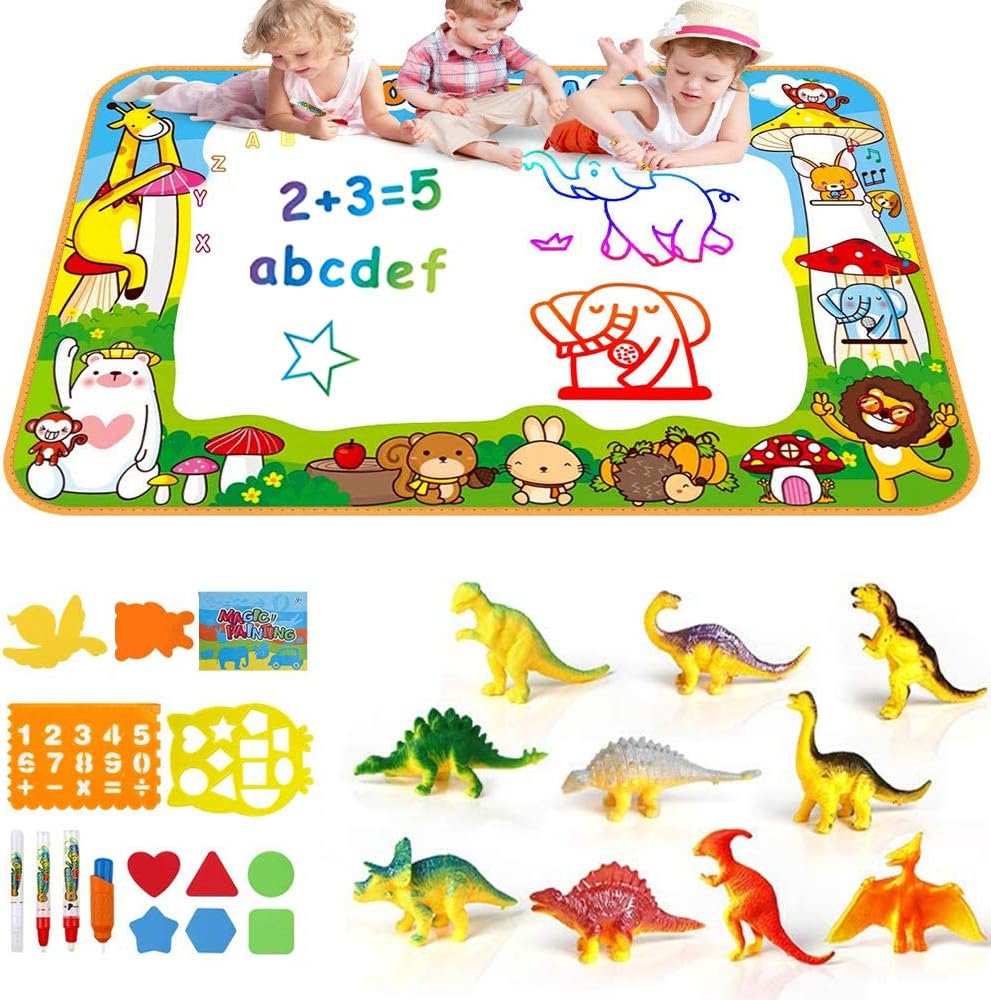 SmilePowo Large Water Drawing Mat Painting Writing Doodle Board Mess Free Aqua Magic Coloring Mats Educational Toys Gift for Boys Girls Toddlers Age 2 3 4 5 6 7 8 in 6 Colors + 10 Pcs Dinosaur Toy