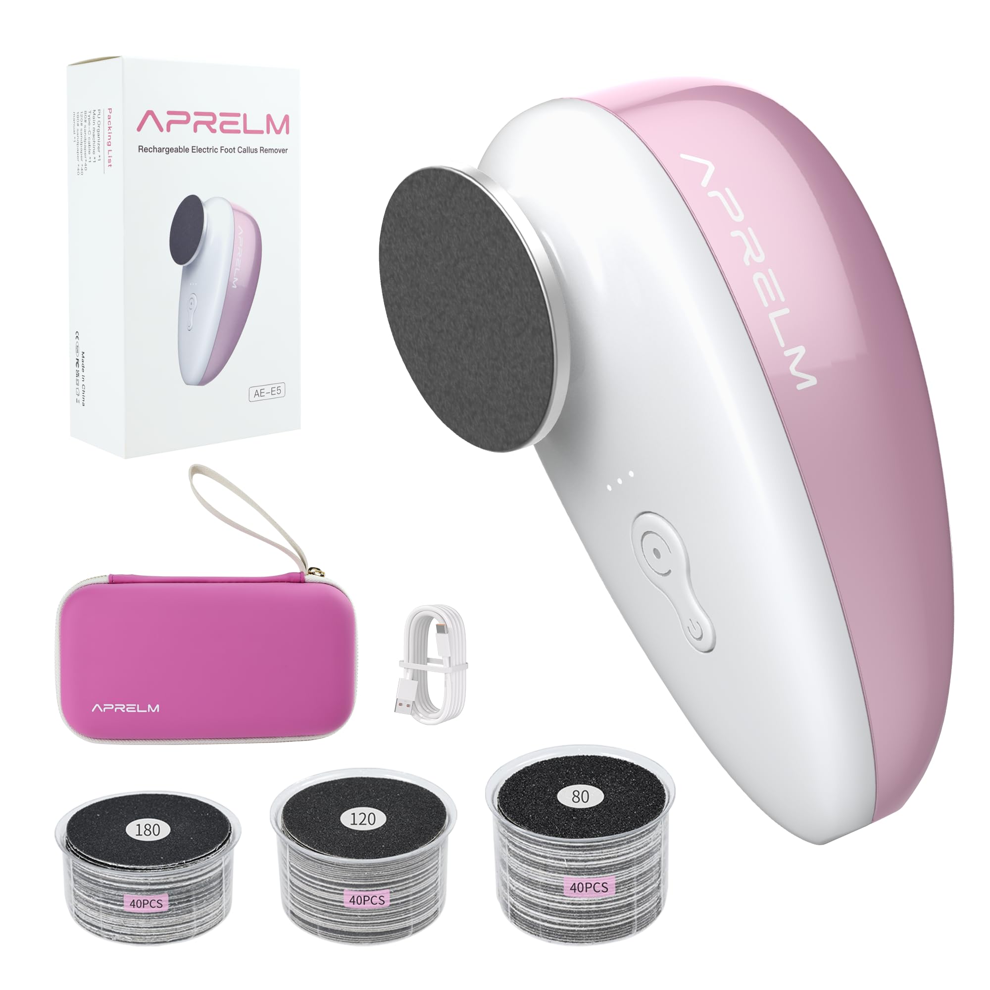 AprElm Rechargeable Electric Foot Callus Remover with 3-Sizes 120Pcs Sandpapers, Professional 1000RPM Electric Foot File with Organizer, Pedicure Tools for Women Men (E5 Pink-White) Image