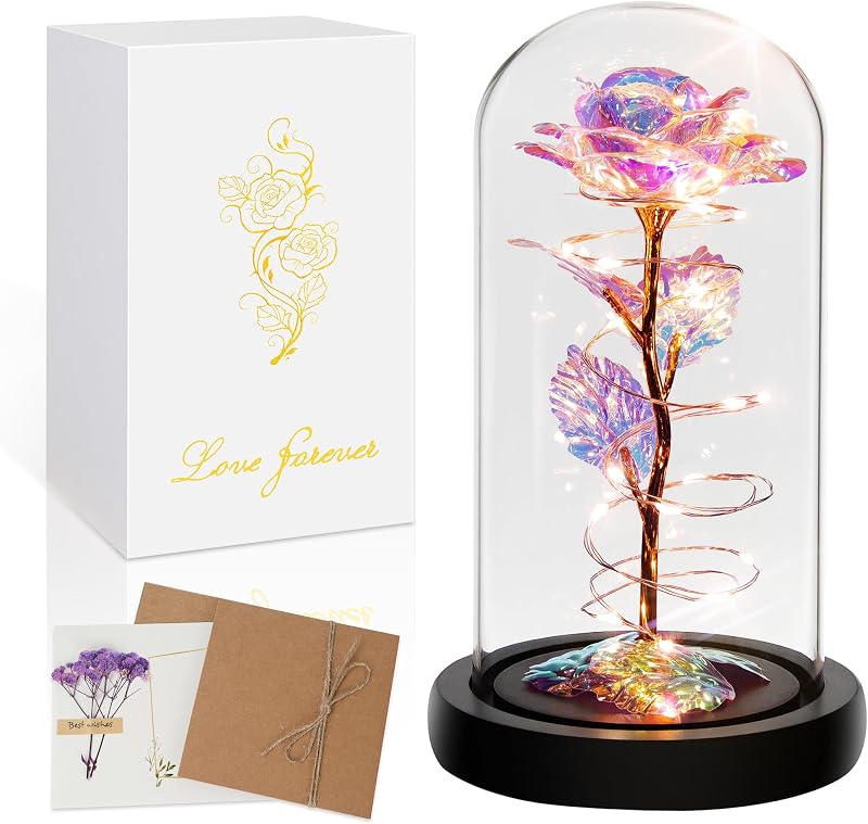 Childom Colorful Rainbow Roses In Glass Dome - Mothers Day Gifts For Mum
