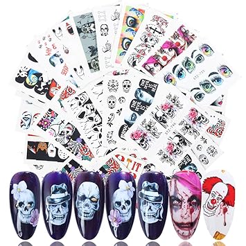 Amazon Com Halloween Nail Art Stickers Day Of The Dead Nail Supplies Water Transfer Nail Decals With Skull Clown Ghost Hulk Vampire Rose Eye Spider Design Diy Charms Decals For Halloween Party Supply