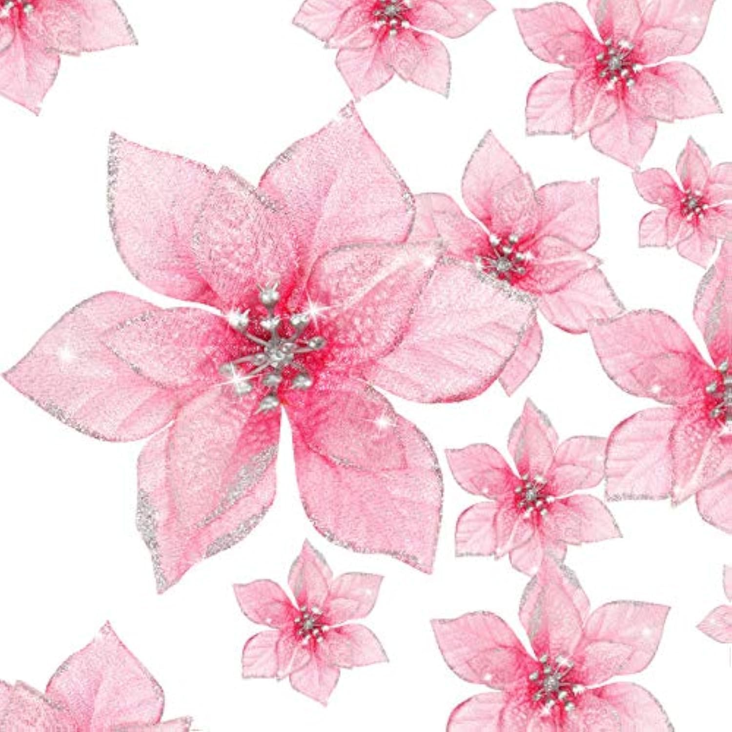 36 Pieces 3 Size Christmas Poinsettia Christmas Tree Flowers Glitter Faux Flowers Decoration Artificial Poinsettia Ornaments For Christmas New Year Home Outdoor Decoration (Pink, 3/4/ 6 inch)