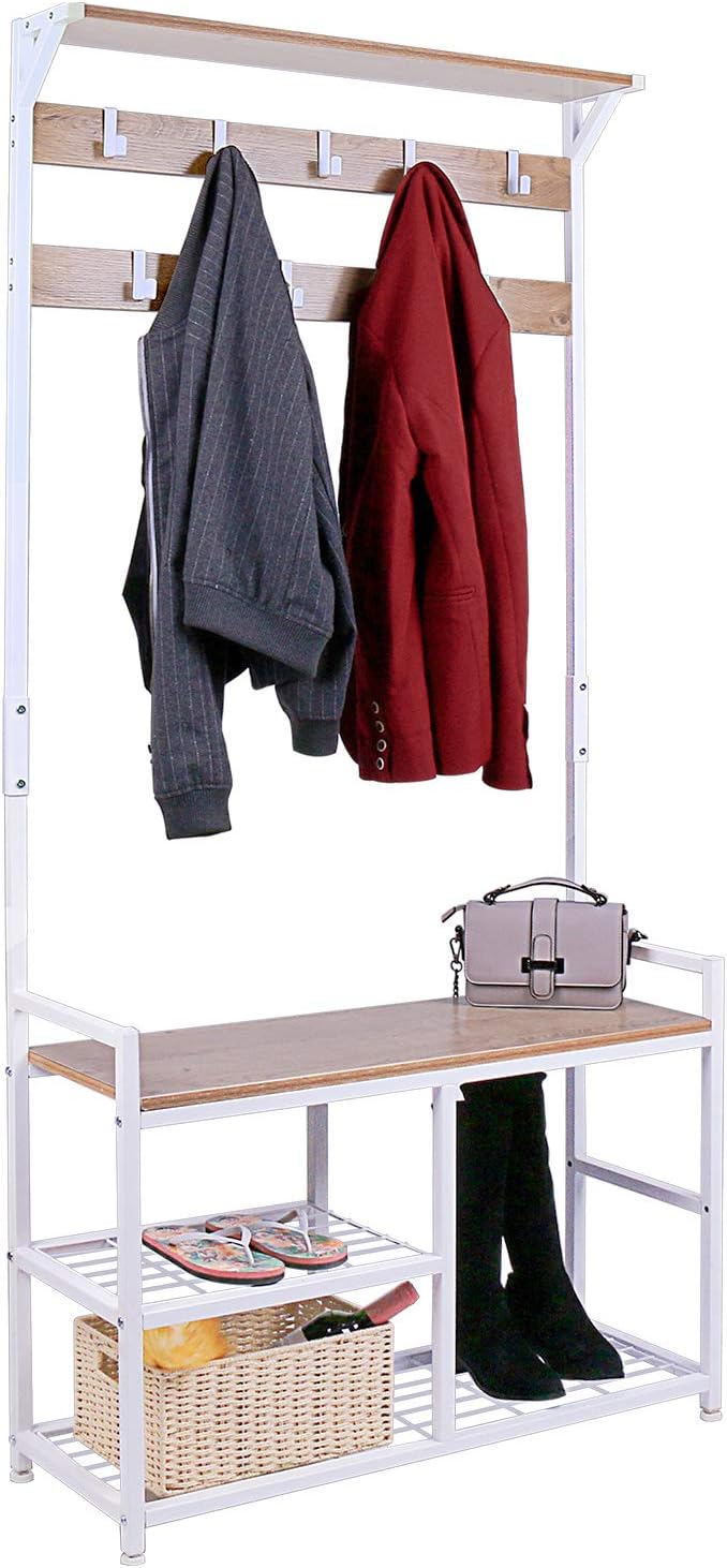 hallway storage bench for shoes on Home Kitchen Entryway Storage Rack With Clothes Tree For Hanging 3 In 1 Design Bamboo Entryway Shoe Storage Bench With Coat Rack Dark Tea Entryway Furniture