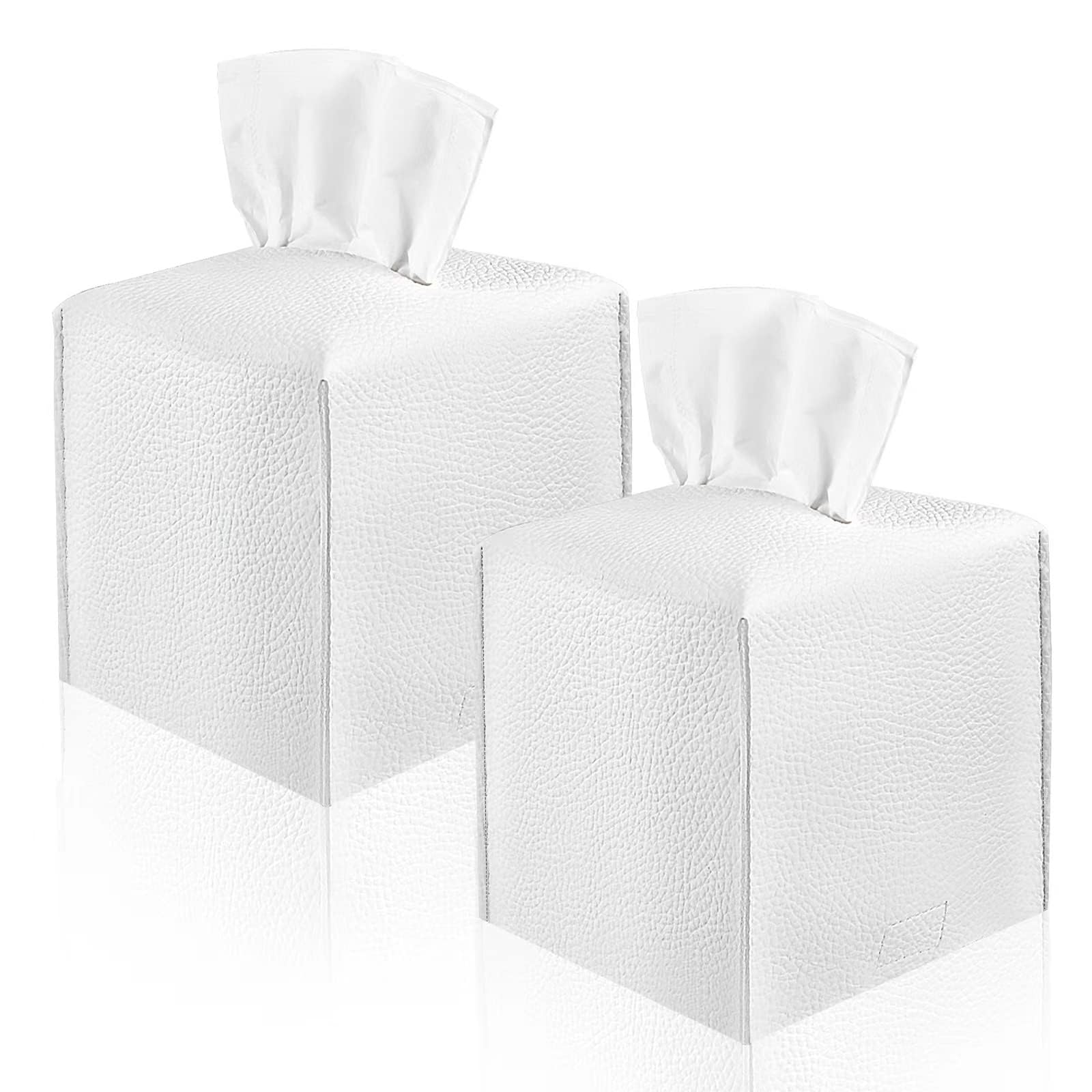 Photo 1 of 2 Pack, VIVIDLY Tissue Box Cover Holder, Square Modern PU Leather Tissue Box Holder, Can be Used for Bathroom Dressing Table, Bedside Table, Office Desk & Car 5"X5"X5"- (White, 2)