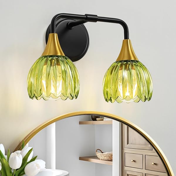 HAHZT BATHROOM VANITY LIGHT FIXTURES: 2-LIGHTS VINTAGE BATHROOM LIGHTS OVER MIRROR WITH RIBBED GREEN TULIP GLASS SHADE – 14 INCH BLACK AND GOLD WALL SCONCE BATH LIGHTING