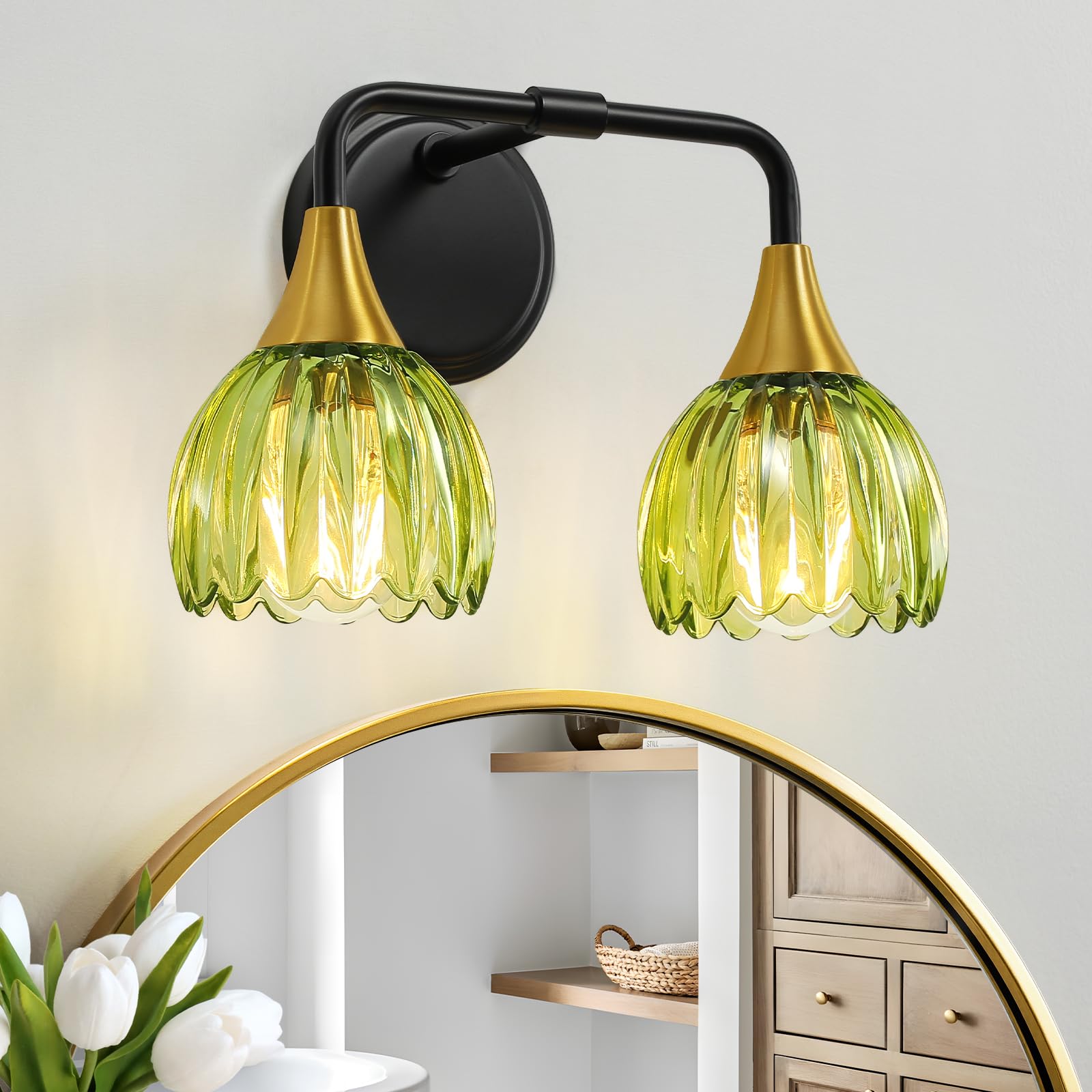 HAHZT Bathroom Vanity Light Fixtures: 2-Lights Vintage Bathroom Lights Over Mirror with Ribbed Green Tulip Glass Shade - 14 inch Black and Gold Wall Sconce Bath Lighting Image