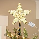 Christmas Tree Topper Star, Lighted Stars Xmas Holiday Decorations Treetopper, 9" Glitter Silver Star with LED Lights, Holder Clips on Artificial Real Trees, New Year Ornaments Classic Large Stars