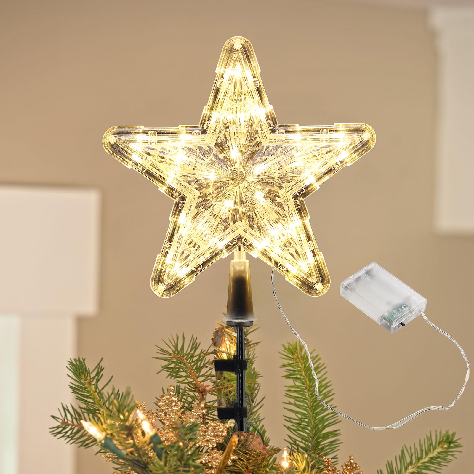 Photo 1 of Christmas Tree Topper Star Light up, Xmas Holiday Decorations Treetopper with LED Twinkle Lights, Holder Clips on Artificial Real Trees, Gold New Year Ornaments Battery Powered for Place Anywhere
