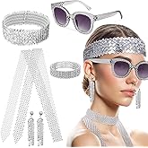 GALPADA 5Pcs 70S Disco Accessories Set Silver Metal Costume Jewelry Scarf Headband Earrings Glasses Halloween Retro Party Decoration