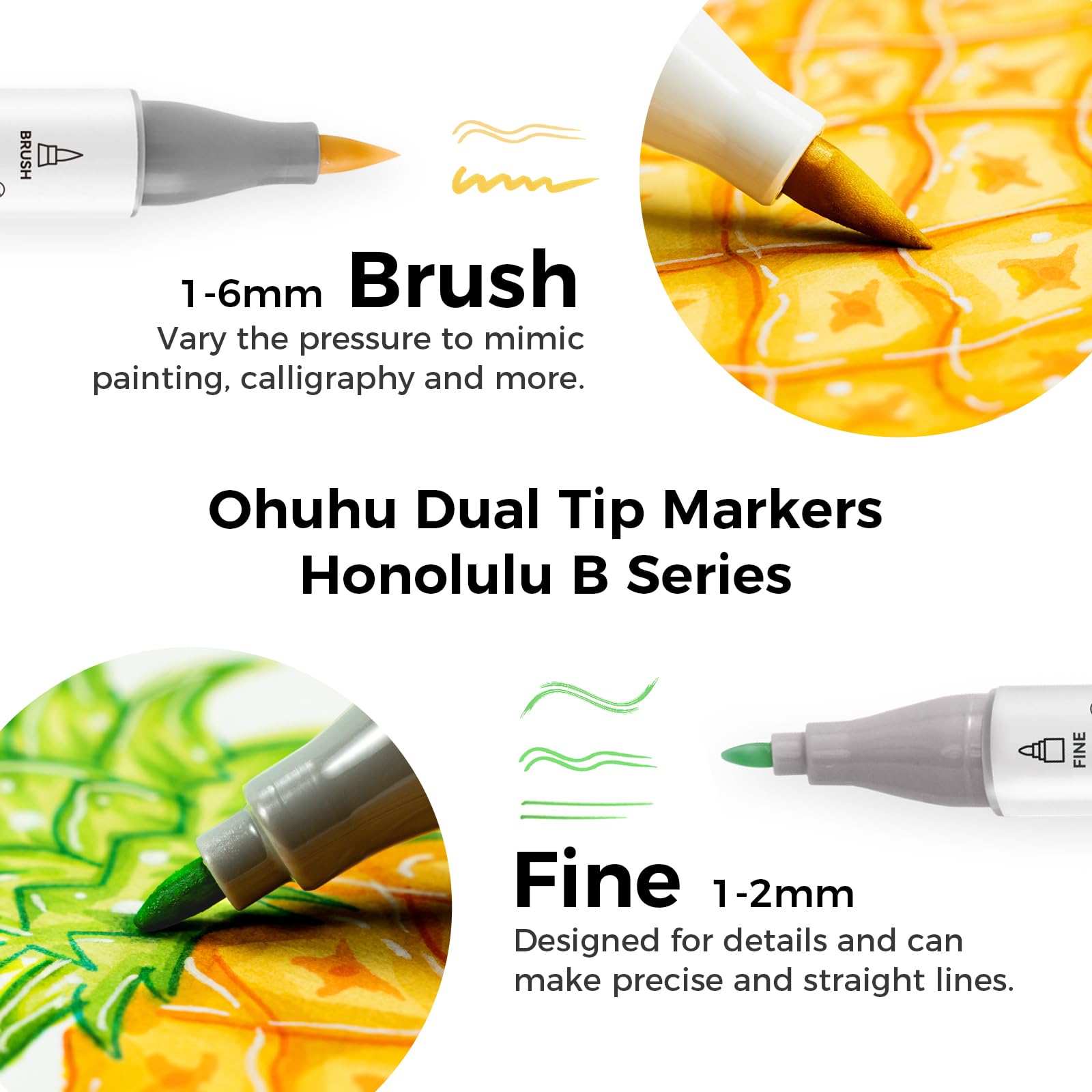 Ohuhu Alcohol Markers Brush and Fine Tip - 48-Color Alcohol-based Art Sketch Marker Set for Artist Adults Coloring Illustration - Brush and Fine Dual Tips- Honolulu B - Refillable - AP Certificated