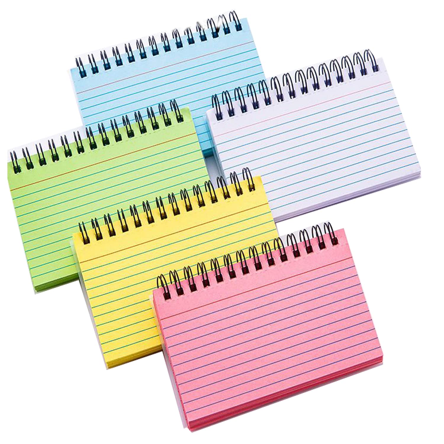 250pcs Index Cards, 5 Pads Ruled Notecards with Protective Covers and Spirals, Colored Flash Cards for Office Learning Note Taking To Do List.