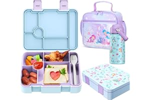 Bevalsa Bento Lunch Box for Kids with Insulated Water Bottle & Lunch Bag Set - 43oz Lunch Containers Lunchbox, 15oz Termos Kids Water Bottle, Lunch Bag & Ice Pack for School Girls Kid (Mermaid)