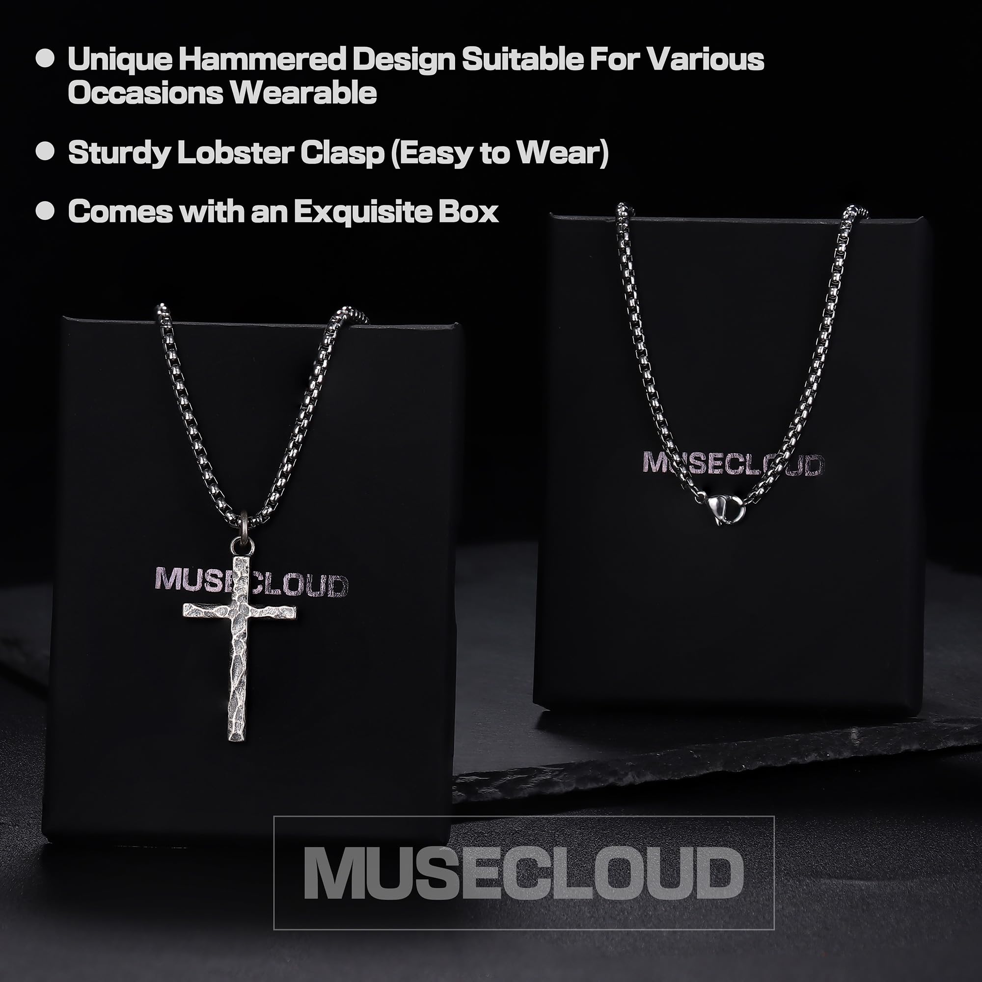 MUSECLOUD 925 Sterling Silver Cross Necklace Men - Oxidized Hammered Cross Pendant with Stainless Steel Box Chain Vintage Unique Crucifix Necklaces Silver Jewelry for Mens Women 18-26 Inches