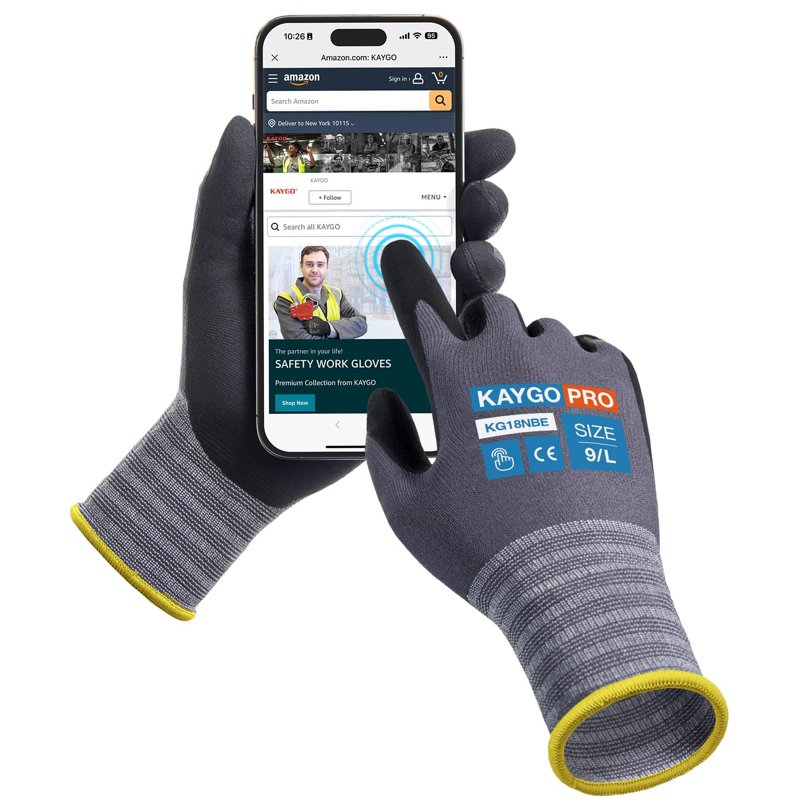 KAYGO 3 Pairs Safety Work Gloves MicroFoam Nitrile Coated Touchscreen, KG18NBE, Working Gloves with Oil Resistant Grip on Palm, for Men Women, Ideal for General Purpose Automotive (Large, Grey)