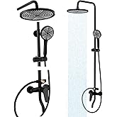 RALANDA Outdoor Shower Fixture,3 Functions Handle Tub Rainfall Shower Faucet Sets with Dial Thermometer Brass Valve, Exposed Shower System with 10'' Rainfall Shower Head Adjustable (Matte Black)